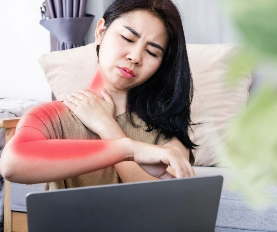 Shoulder and Neck Pain Increase When Using A Computer?  The stress of sitting in the same posture throughout the day will increase pressure on the neck and shoulders and may result in pain going down the arm. 